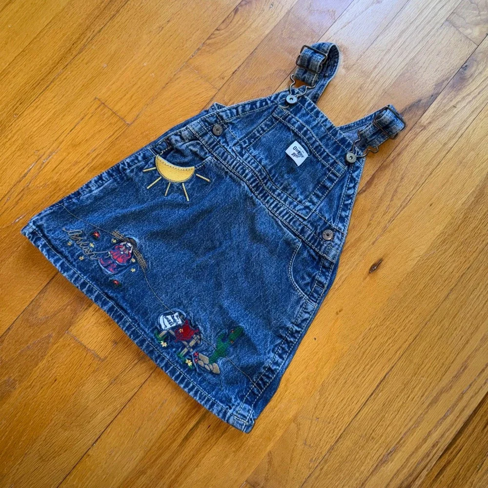 Vintage OshKosh Bgosh Blue Denim Embroidered Western Sun Cactus Jumper Dress 24M